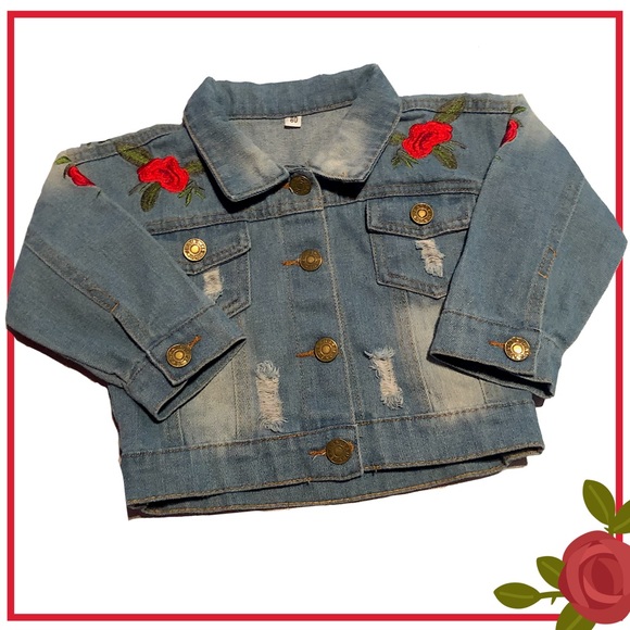 Distressed Jean Jacket w/ Embroidered Roses - Picture 2 of 7